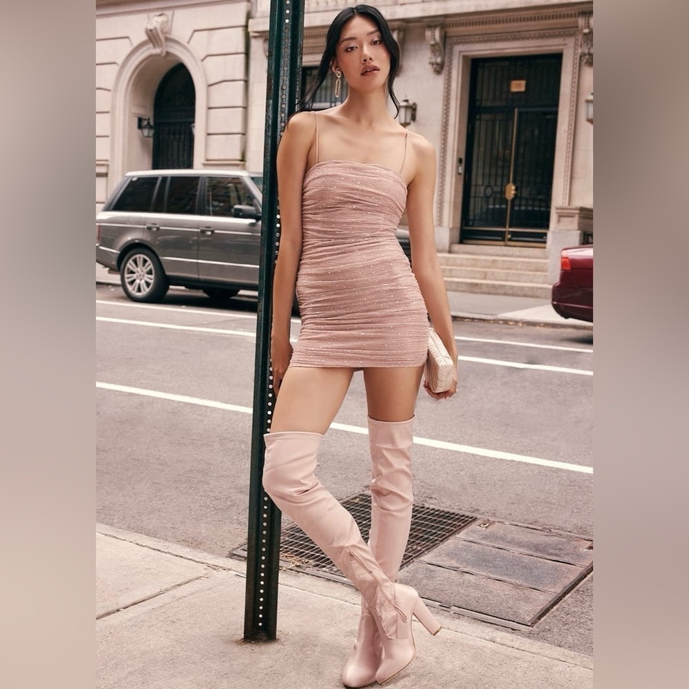 Lulu's NWT Flirty Vibes Mauve Pink Sparkly Ruched Bodycon Mini Dress Small